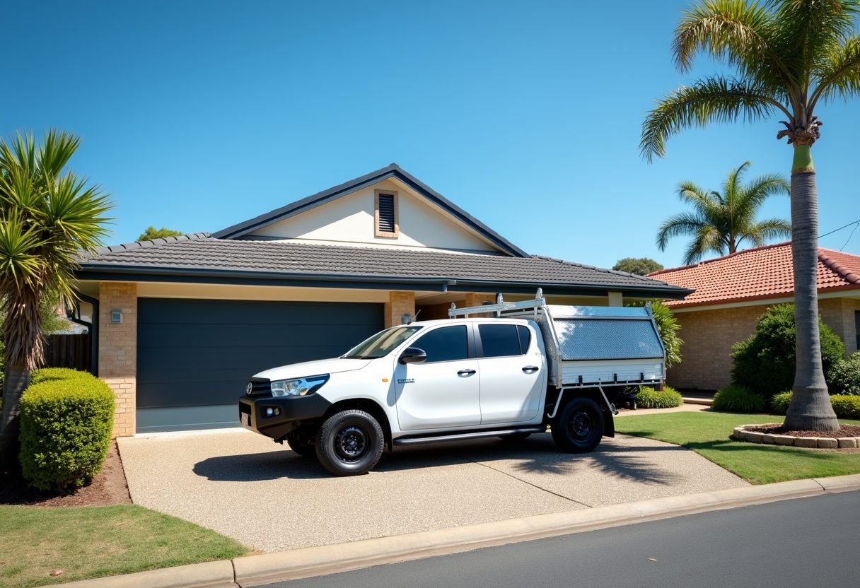 Technician ute in a driveway with a new garage door — Coombabah